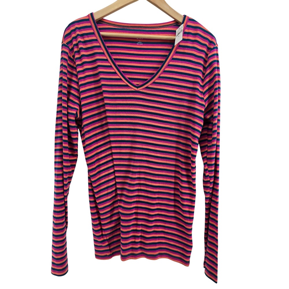 Gap Shirt Womens XL Favorite V-Neck Pink Orange Blue Striped Long Sleeve NEW